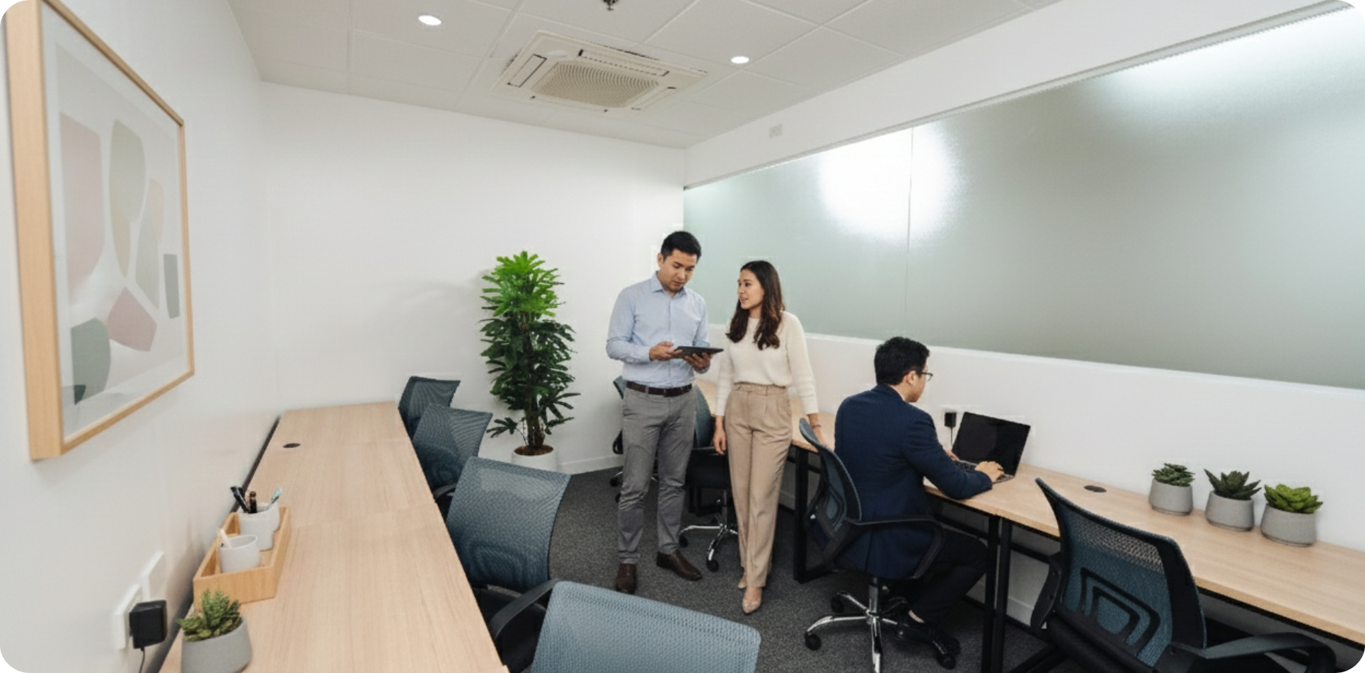 A bright, modern, and spacious plug and play office in Makati with several individuals working under EOR comfortably at long wooden desks. The office features contemporary pendant lighting, large windows, and some green plants, creating a productive and inviting atmosphere.