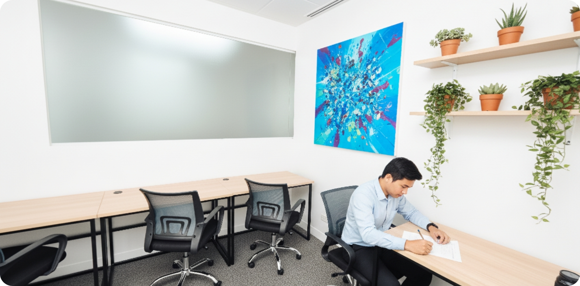 Modern, bright serviced office space in the makati business district featuring minimalist desks, ergonomic chairs, shelves with lush green plants, and a vibrant abstract blue painting on the white wall. A man in a blue shirt is seated at a desk writing on a document.