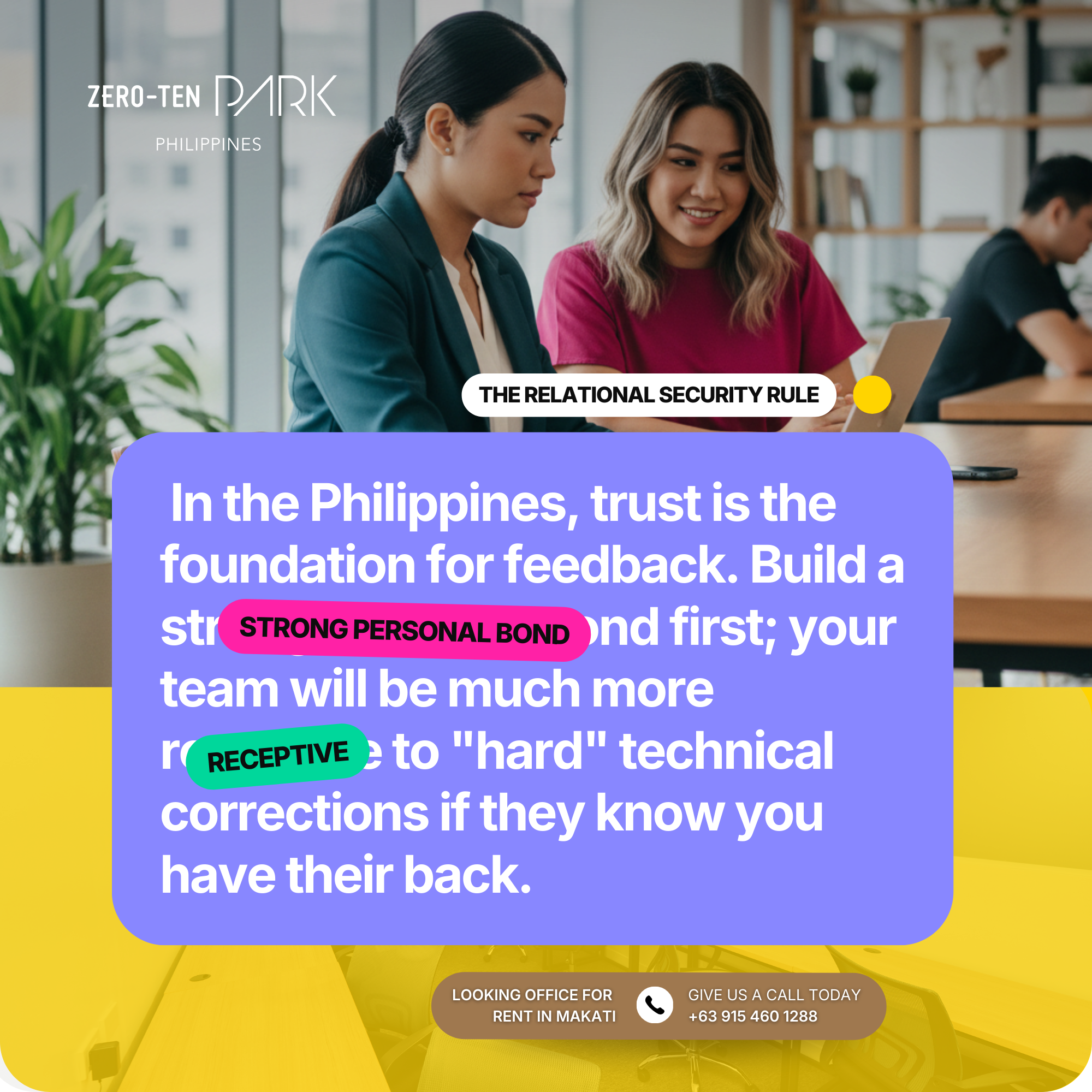 Building a Remote Team in the Philippines - Zero-Ten Park (4) Two professional women collaborating at a modern coworking space in Makati, highlighting trust, personal connection, and effective communication when building a remote teamTwo professional women collaborating at a modern coworking space in Makati, highlighting trust, personal connection, and effective communication when building a remote team in the Philippines. in the Philippines.