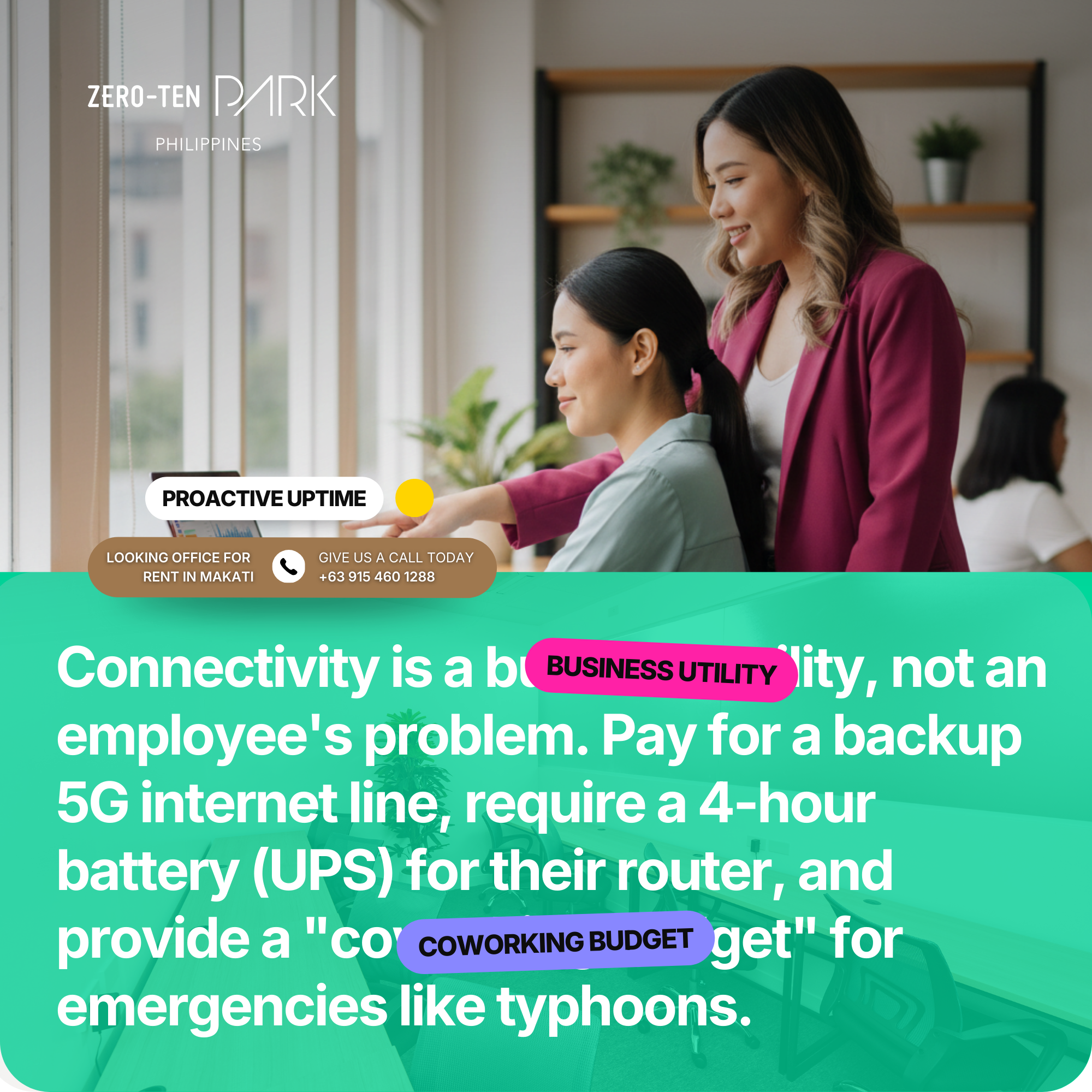 Building a Remote Team in the Philippines - Zero-Ten Park (5) A manager guiding a team member at a bright, modern office with laptops and stable workstations, emphasizing reliable connectivity, proactive support, and infrastructure for building a remote team in the Philippines.