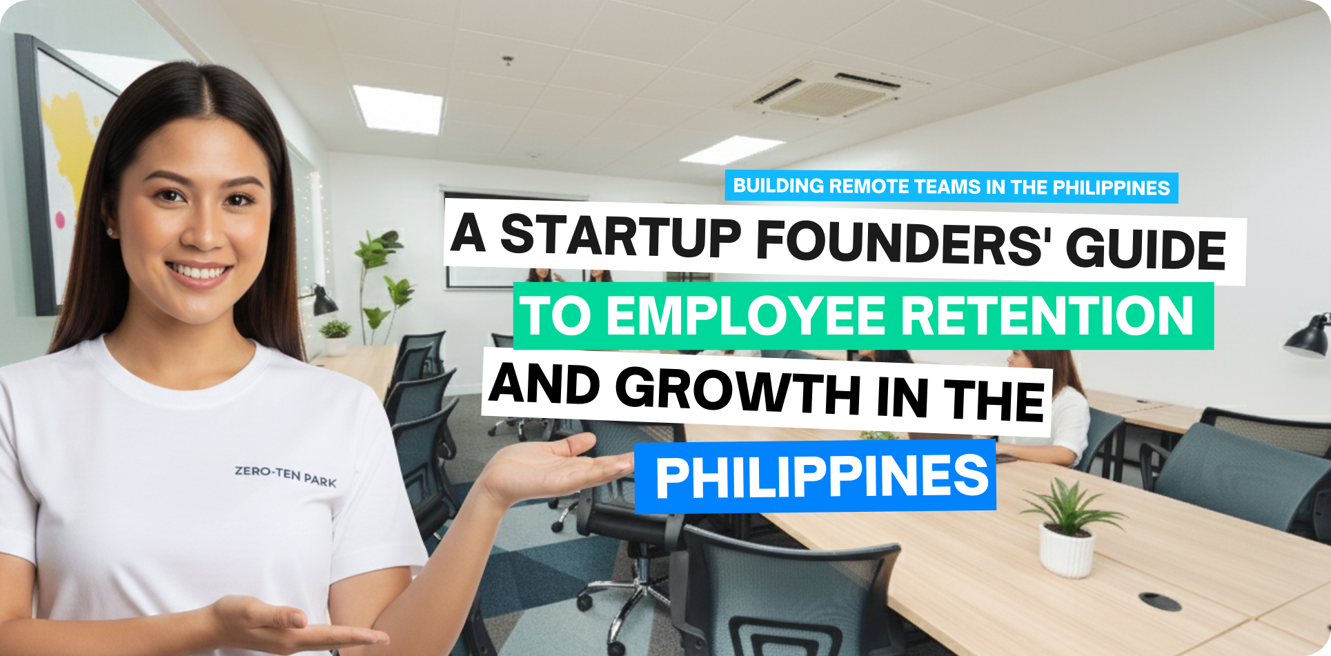 A smiling professional presenter stands in a modern coworking meeting room while a small team works on laptops in the background, illustrating a startup founder’s guide to employee retention, growth, and building a remote team in the Philippines, focusing on Employee Retention and Growth in the Philippines - Zero-Ten Park